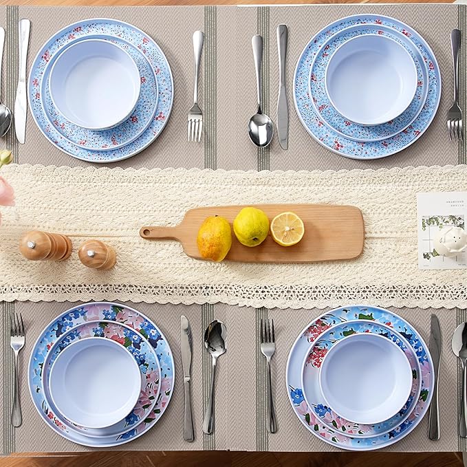 Spring Flower Melamine Dinnerware Set for 4 12 Piece Floral Plates and Bowls Set Dishwasher Safe Lightweight Dishes Straight Edge Tableware for Kitchen Indoor Outdoor RV Camping Picnic Gift