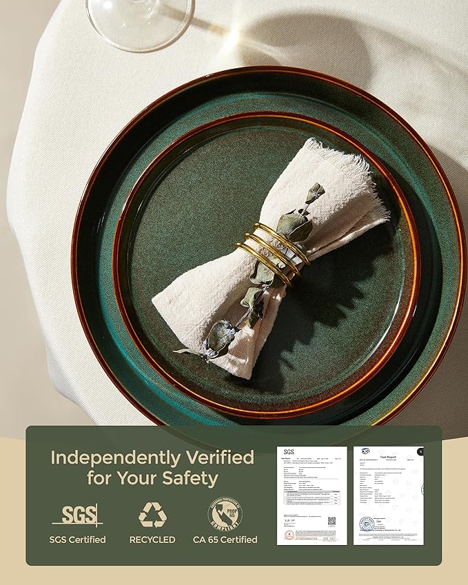 Plates and Bowls Sets for 6 Ceramic Dinnerware Sets Kitchen Dish Set Microwave &amp Dishwasher Safe Dishware Highly Durable Reactive Glazed Dinner Set Brown Green