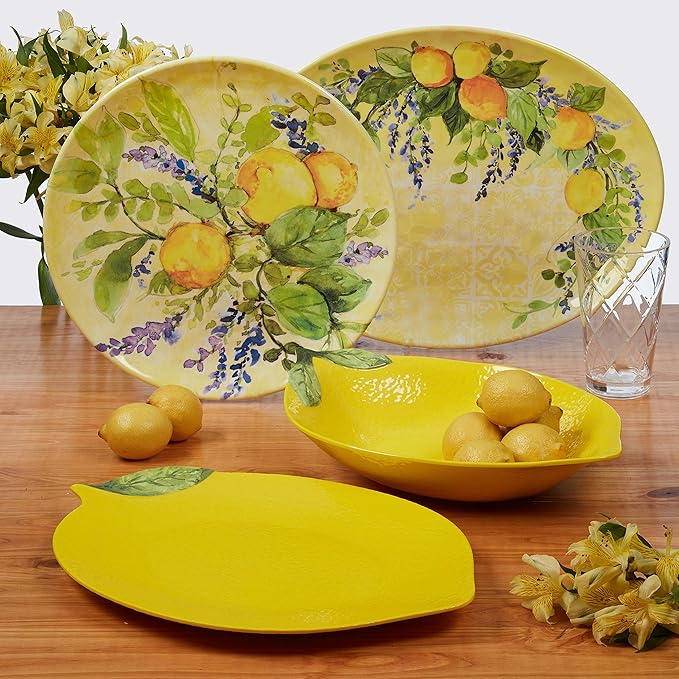 Lemon Zest 12-Piece Melamine Dinnerware Set Service for 4 – Unbreakable Outdoor Plates &amp Bowls for Patio Dining Summer BBQs Poolside Meals Picnics Everyday Family Use &amp Entertaining