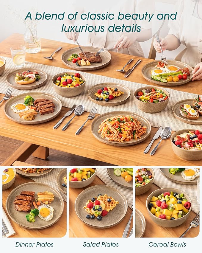 vancasso ANYA 24 Pieces Plates and Bowls Set Caramel Dinnerware Sets Reactive Glaze Dishes Set for 8 Ceramic Dishware Sets Kitchen Dinner Set Microwave &amp Dishwasher Safe