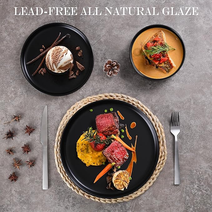 Vesteel 12-Piece Dinnerware set Ceramic Plates and Bowls set for 4 Speckled Stoneware Dishes Set for Family Microwave &amp Dishwasher Safe - Matte Black