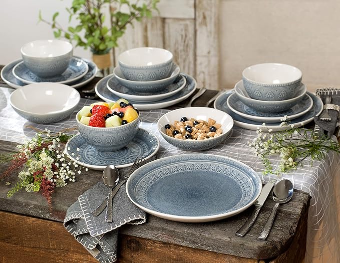 Euro Ceramica Fez 16 Piece Double Bowl Stoneware Mandala Pattern Design Dinnerware Set Service for 4 Grey