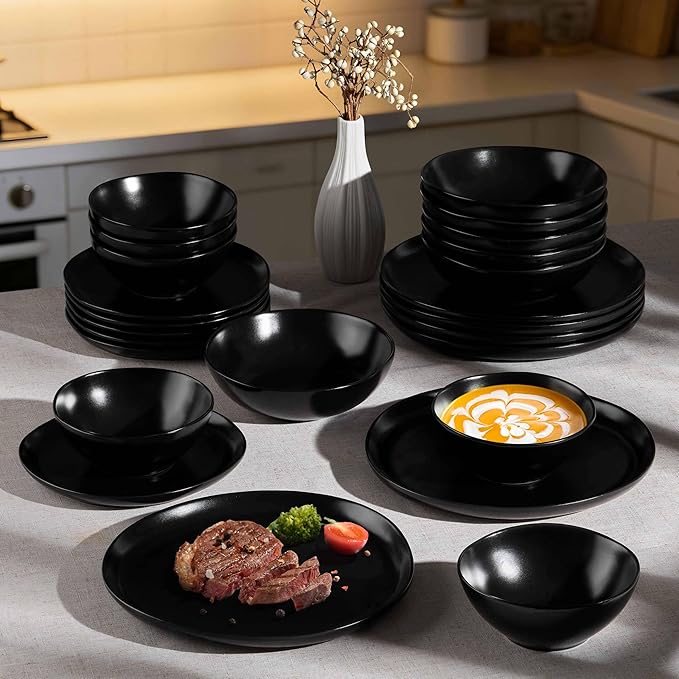 Herogo Stoneware Dinnerware Sets for 6 18 Piece Ceramic Dinner Dishes Set Irregular Handmade Plates and Bowls Dishware Crack and Scratch Resistant Reactive GlazeMatte Black