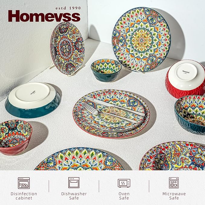 Homevss Boho 10 Pieces Dinnerware Sets Plates and Bowls Set Porcelain Dishes Set for 2 Microwave and Dishwasher Safe Scratch Resistant Bohemian Style Dining Ware Mixed Colors of Green &amp Red