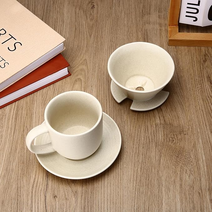 Pour Over Coffee Maker with 50 PCS Basket Coffee Filters 310 ml/10 oz Mug with Saucer &amp Coffee Dripper Ceramic Off-white