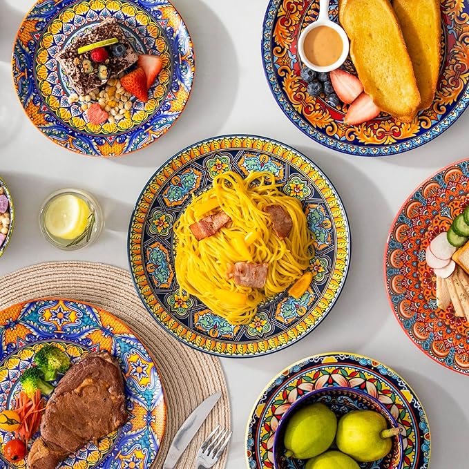vancasso Colorful Dinner Plates Set of 6 10.5 Inch Ceramic Kitchen Plates for Dinner Bohemian Printed Dishes for Dining Microwave &amp Dishwasher Safe Plate Set Series KRVI