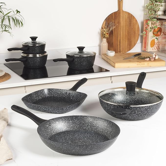 Salter BW05751S Megastone 3 Piece Pan Set - Non-Stick Cooking Pots Induction Hob Suitable 16/18/20 cm Saucepans Durable Forged Aluminium Cookware Includes Tempered Glass Lids Dishwasher Safe