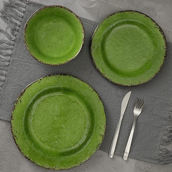 LEHAHA Melamine Dinnerware Set 12-Piece Dishes Set Lightweight and BPA Free Rustic Plates and Bowls Sets Service for 4 Indoor Outdoor Use Great for Patio Camping RVs (Green)