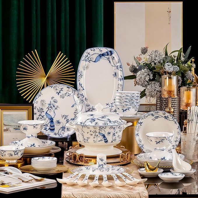 Fine Bone China Dinnerware SetPorcelain&ampCeramic Dinnerware SetsBone Stoneware &ampCeramic Cookware Tableware Set Includes Dinner Plates|Spoons|Pasta Bowls|Soup Pot|Chopsticks (56 PCS)