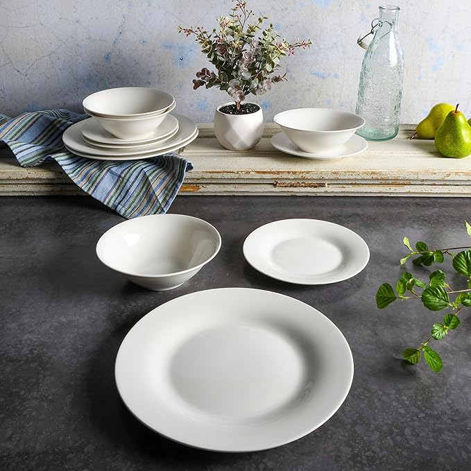 Gibson Home Zen Buffet Round 12 Piece Porcelain Chip and Scratch Resistant Dinnerware Plates and Bowls Set Scratch &amp Chip Resistant