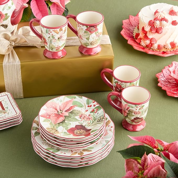 Winter Blooms 16-Piece Romantic Holiday Dinnerware Set – Elegant Floral Plates Mugs &amp Bowls for 4 – Dishwasher &amp Microwave Safe Christmas Tableware with Poinsettia Charm