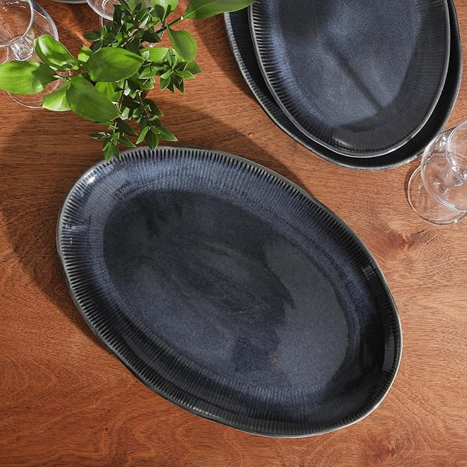 Gibson Elite Sandy Pines 3 Piece Oval Platter Set 15.7” 13.75” &amp 12” Stoneware Serving Platters Reactive Glaze Finish Blue Microwave &amp Dishwasher Safe
