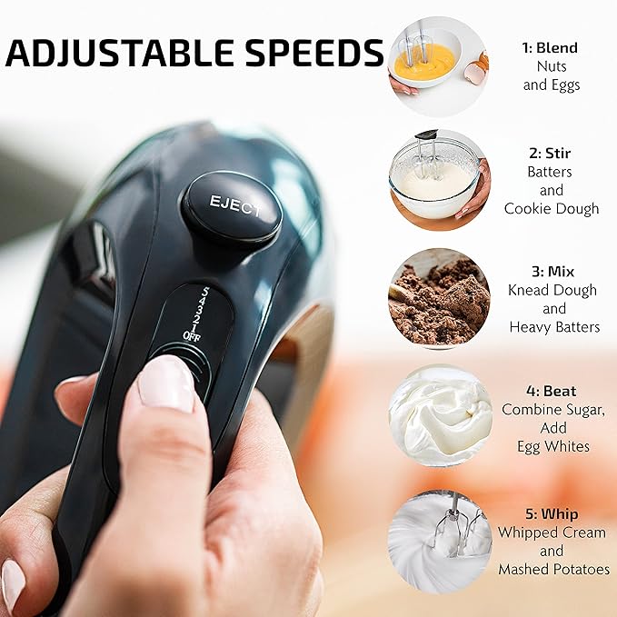 OVENTE Immersion Electric Hand Blender 300 Watt Power 2 Mix Speed &amp Portable 5 Speed Mixing Electric Hand Mixer with Stainless Steel Whisk Beater Attachments &amp Snap Storage Case