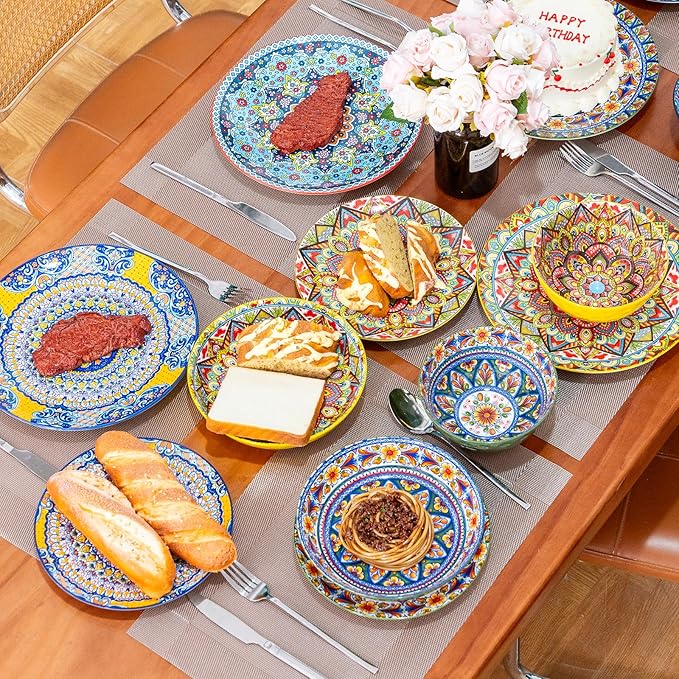 16 Pieces Dinnerware Sets Service for 4 Plates and Bowls Set Ceramic Dishes Set for 4 Microwave and Dishwasher Safe Scratch Resistant Bohemian Style
