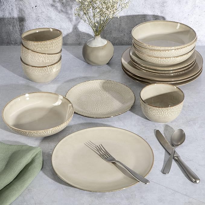 Gibson Elite Matisse 16-Piece Double Bowl Dinnerware Set – Service for 4 Taupe Stoneware Plates and Bowls
