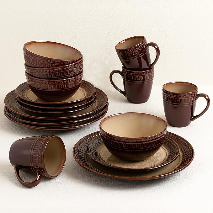 Elegant and Modern Stoneware Scroll Dinnerware Set for Hosting Parties and Events - Mojave 16 Piece