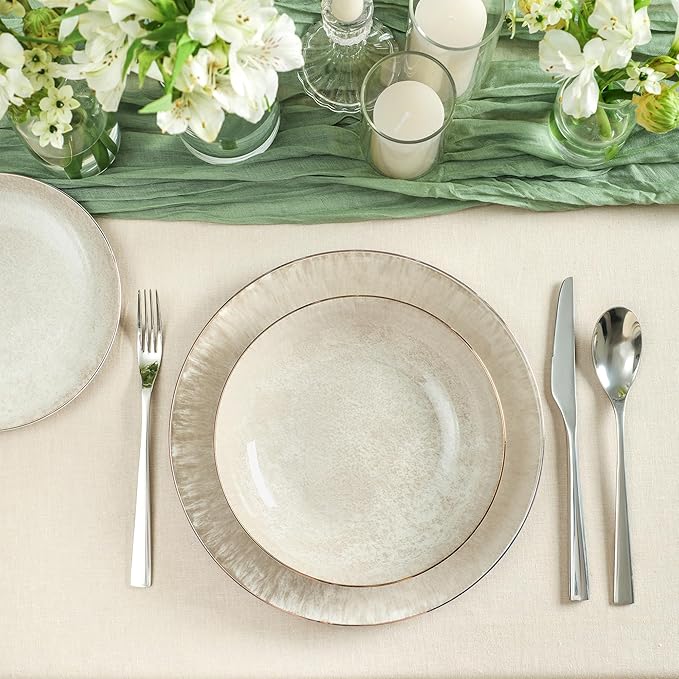 Christian Siriano Onyx 12-Piece Dinnerware Set Porcelain Plates and Bowls Set Hand Wash Dish Dish Set for 4 Beige and Gold