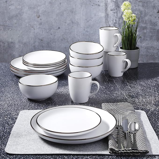 Gibson Home Rockaway Round Stoneware Dinnerware Set Service for 4 (16pcs) Matte White/Metallic Rim