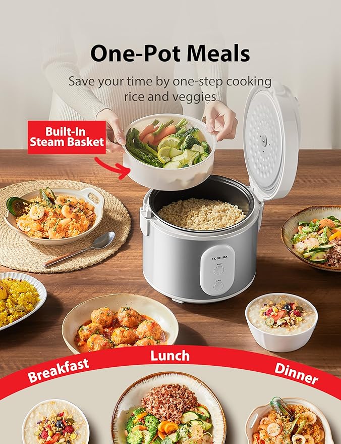 TOSHIBA Rice Cooker &amp Steamer Simple 5.5 Cup(Uncooked) with Steaming Basket Removable Non-Stick Inner Pot &amp Inner Lid for Soups Stews Grains&ampOatmeal One Touch&ampKeep Warm Function