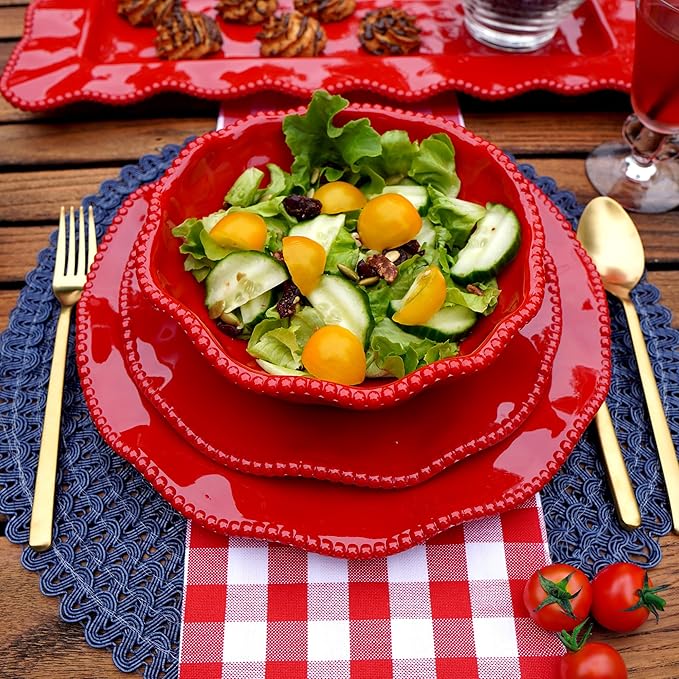 Perlette Red Melamine Dinnerware Set – 12-Piece Scalloped Plates &amp Bowls Vibrant Glossy Finish Elegant Beaded Rim Durable &amp Lightweight – Service for 4 Indoor/Outdoor Use
