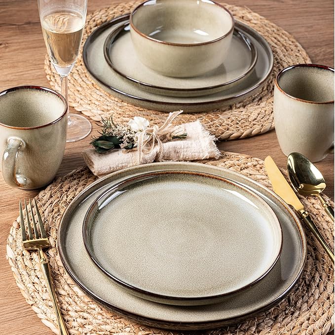 GBHOME Ceramic Dinnerware Sets for 4 12 Pieces Stoneware Plates and Bowls Sets Scratch Resistant Dishes Dishwasher &amp Microwave Safe Reactive Glaze