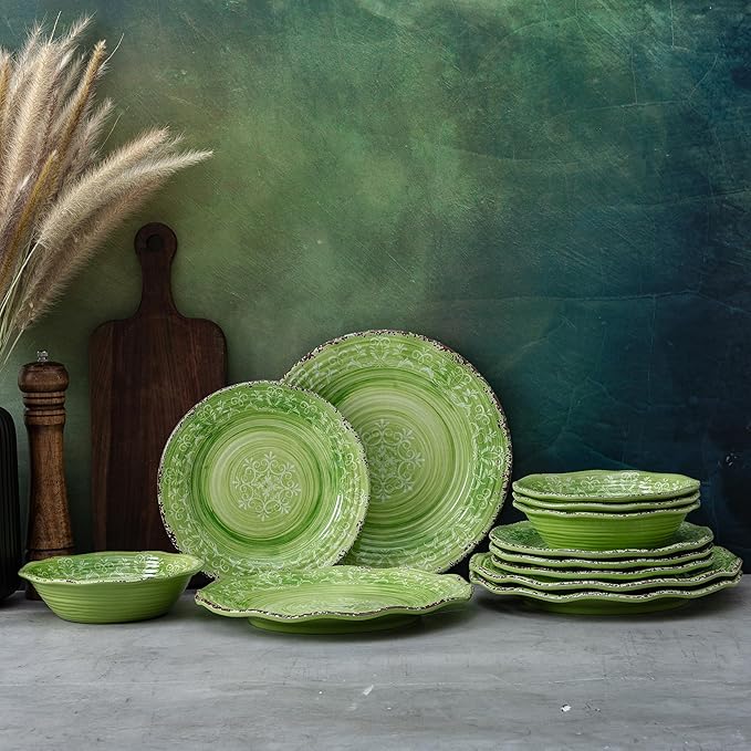 LEHAHA Melamine Dishes Unbreakable Dinnerware Sets 12 Piece Farmhouse Rustic Swirl Plates and Bowls Set for Outdoor Picnic RV Camping &amp Everyday Use Service for 4 Green