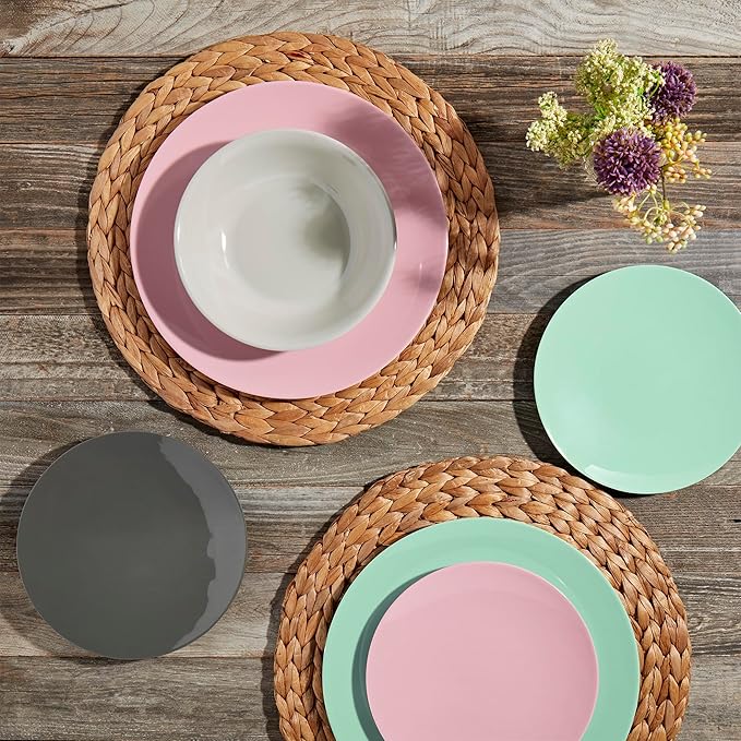 Tabletops Gallery 12 Piece Green Gray Pink Melamine Dinnerware Set Plates Bowls for Indoor Outdoor Use Service for 4 Pastel
