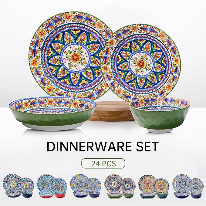 24 Pieces Dinnerware Sets Ceramic Plates and Bowls Set Microwave and Dishwasher Safe Scratch Resistant Bohemian Style Dishware Set Service for 6