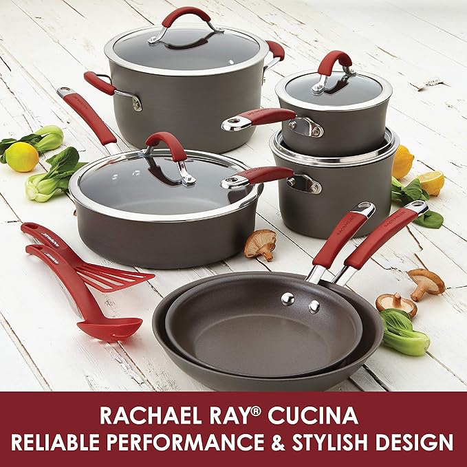 Rachael Ray - 87630 Rachael Ray Cucina Hard Anodized Nonstick Cookware Pots and Pans Set 12 Piece &amp KitchenTools and Gadgets Nylon Cooking Utensils / Spatula / Fish Turners - 2 Piece Red