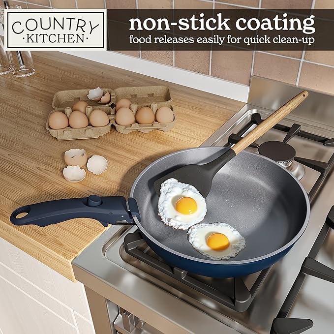 Country Kitchen Cookware Set with Removable Handle Oven &amp RV Safe Pots and Pans Set Denim Original