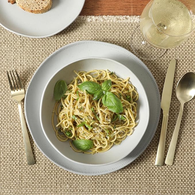 Gibson Elite Menlo Park 16-Piece Pottery Clay Stoneware Dinnerware Set – White Reactive Glaze Embossed Plates and Bowls W/Pasta Bowl Service for 4 – Microwave &amp Dishwasher Safe