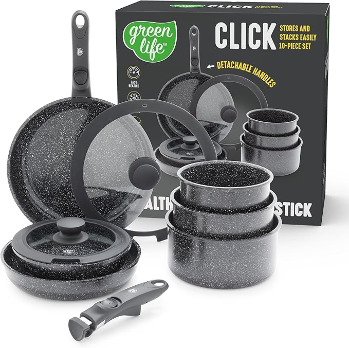 GreenLife 10 Piece Nonstick Pots &amp Pans Set Detachable Handle &amp Stackable Cookware Set Non Toxic PFAS-Free Skillets Induction Kitchen Pans Space Saving Serving Bowls Oven Safe Granite B