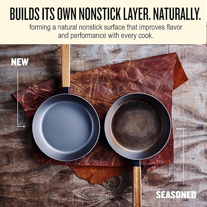 Alva Forest 4-Piece Carbon Steel Frying Pan &amp Wok Set Naturally Nonstick Pre-Seasoned Acacia Wood Handle Toxic Free (No PTFE/PFOA) Induction &amp All-Stovetop Safe (8 9.5 11 Frying Pan