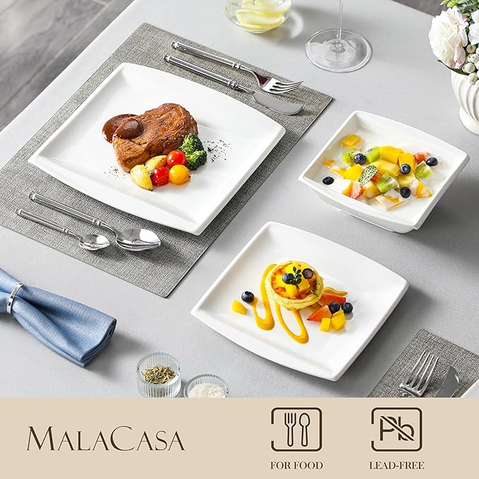 MALACASA Plates and Bowls Sets Square Dinnerware Sets for 6 (30pcs) Series Blance