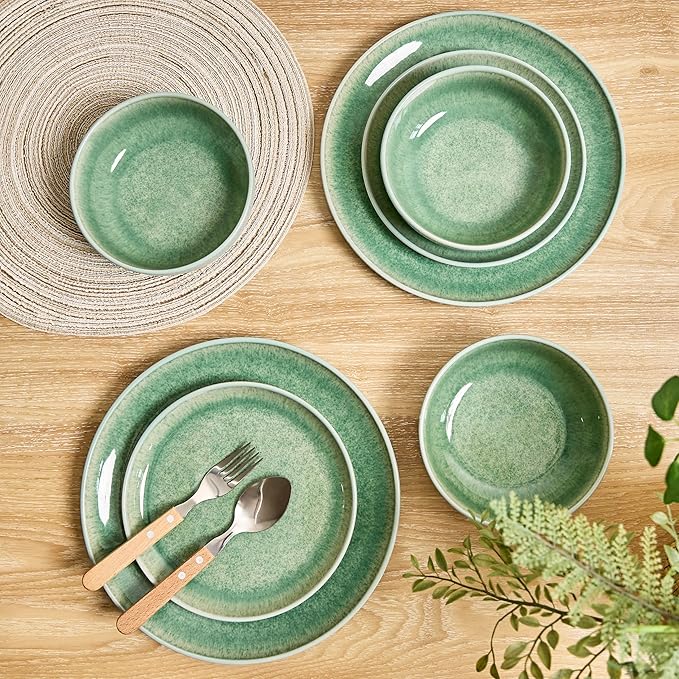 Sango 12-Piece Stoneware Dinnerware Set for 4 Green Ceramic Plates and Bowls Sets Modern Dish Set with Reactive Glaze Durable Kitchen Dishes for Casual Dining Microwave &amp Dishwasher Safe Ashe