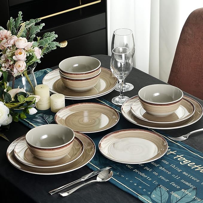 Melamine Dinnerware Sets Dinnerware Sets for 4 12Pcs Plates And Bowls Sets Lightweight and Unbreakable Dish Set for Camping PicnicRV Dishwasher SafeBPA Free（Brown）