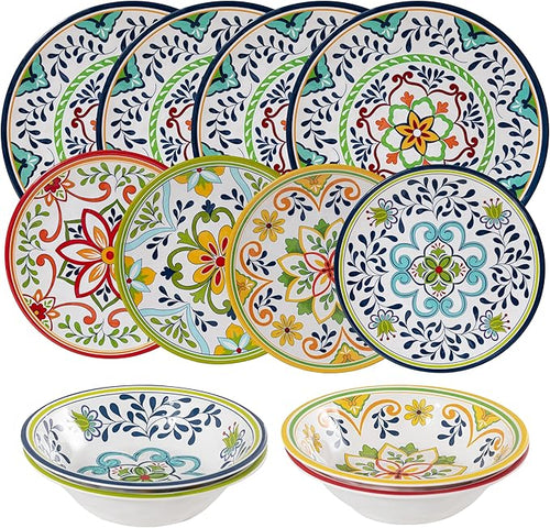 12 pcs Talavera Melamine Dinnerware Set Service for 4 Melamine Plates and Bowls Set Unbreakable Dishes Dinnerware Set Great for RVs Camping BPA Free and Dishwasher Safe