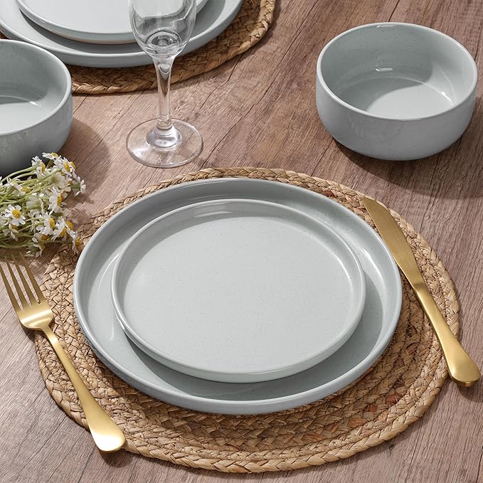 HaWare Stoneware Dinnerware Sets 24-Piece Plates and Bowls Set for 8 Dishes Set for Home Restaurant Speckled Misty Grey