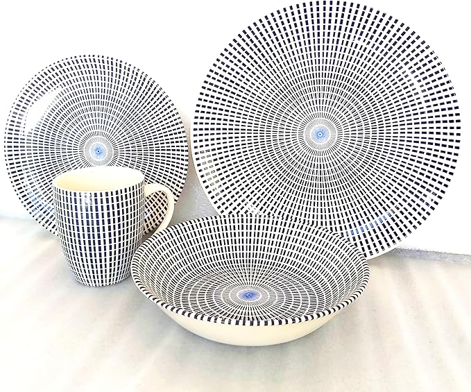 TUDOR ROYAL Porcelain 16-Piece Round Dinnerware Set Service for 4 Singapore Blue Design Blue Radial Plates Bowls Mugs Dishes Premium Quality Ceramic Tableware Unique Pattern Glossy