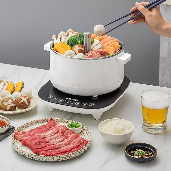 Aroma Housewares 2.5-Liter Smart Electric Hot Pot &amp Rapid Boil Steamer with Automatic Stainless Steel Steamer Basket Lift White ASP-700
