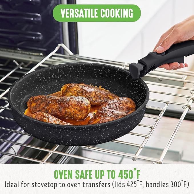 GreenLife 10 Piece Nonstick Pots &amp Pans Set Detachable Handle &amp Stackable Cookware Set Non Toxic PFAS-Free Skillets Induction Kitchen Pans Space Saving Serving Bowls Oven Safe Granite B