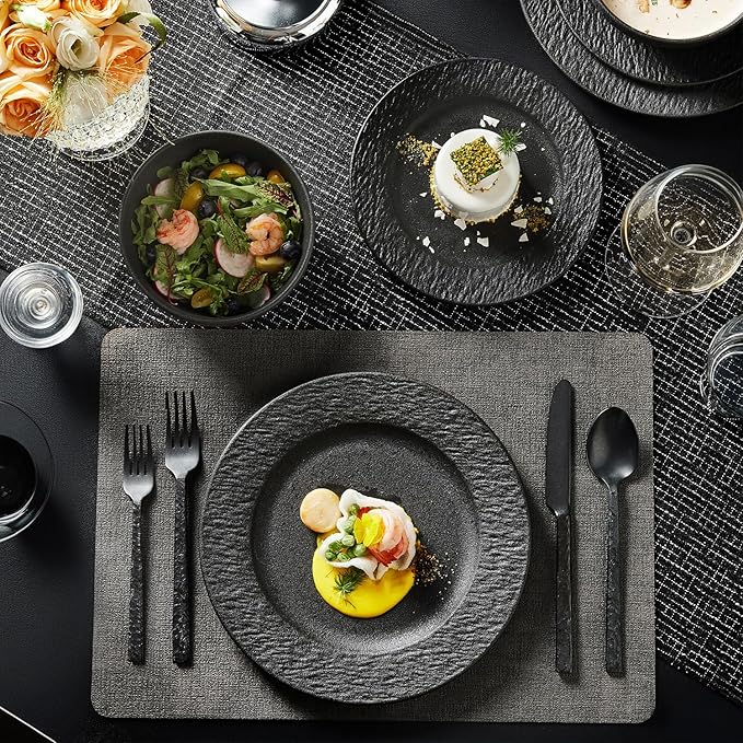 KINGSTONE Black Dinnerware Sets 24-Piece Matte Marble Pattern Premium Porcelain Place Setting with Dinner Plate Salad Plate Pasta Bowl Microwave and Dishwasher Safe
