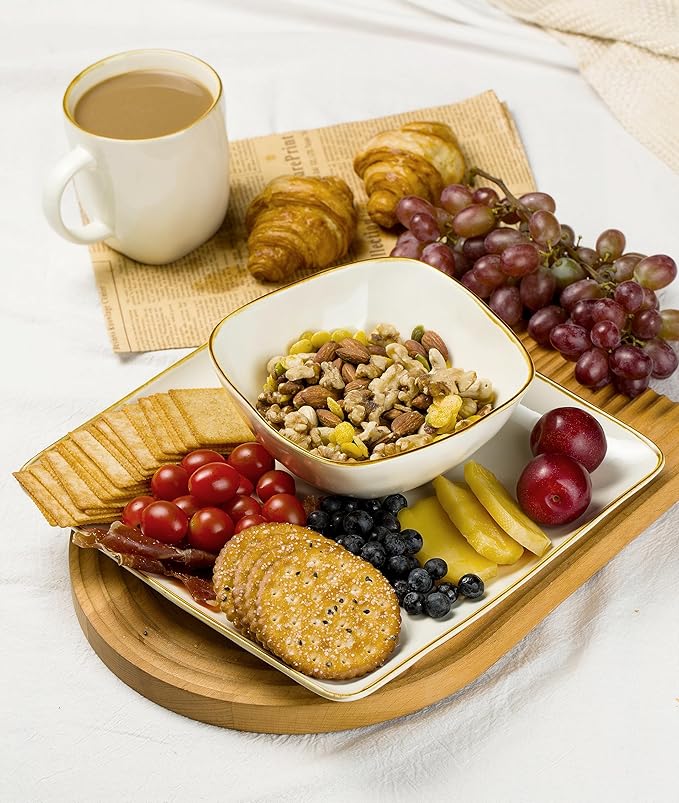 Famiware Ocean Square Plates and Bowls Sets for Kitchen 16-Piece Dinnerware Sets for 4 Microwave and Dishwasher Safe Vanilla White