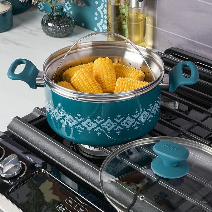 Spice by Tia Mowry Savory Saffron 5 QT Healthy Nonstick Ceramic Dutch Oven W/ Stainless Steel Steamer Insert and Lid - Teal