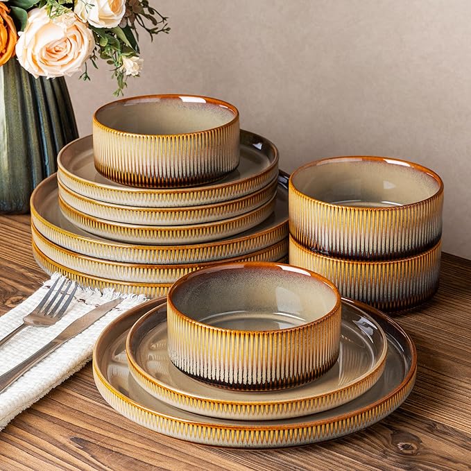 TheTerra Ceramic Dinnerware Sets for 4 12 Pieces Porcelain Lightweight Plates and Bowls Sets Scratch Resistant Dish Set Oven &amp Microwave &amp Dishwasher Safe Creamy Amber
