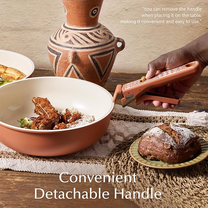 CAROTE 21-Piece Ceramic Cookware Set Nonstick Pots and Pans Set with Detachable Handle Non-Toxic Kitchen Cooking Set Induction Compatible Dishwasher &amp Oven Safe Terracotta