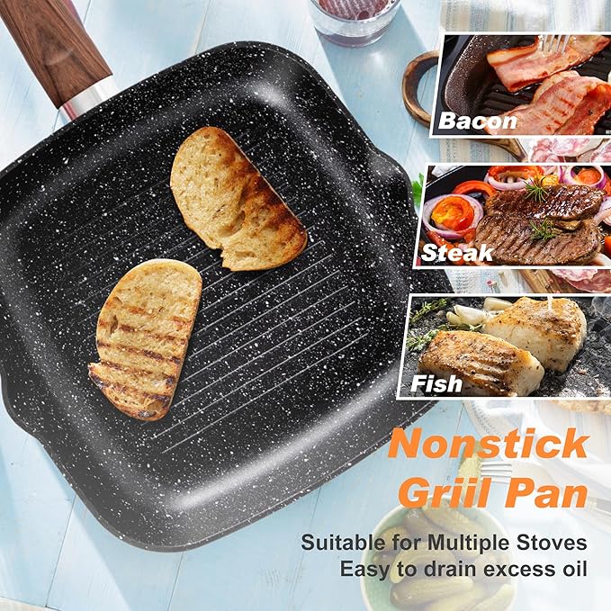 DishDelight 17 Piece Pots and Pans Set Non Stick Nonstick Induction Granite Kitchen Cookware Set Non Toxic Cookware Set with Frying Pans and Saucepan Cooking Sets Pots and Pans Black