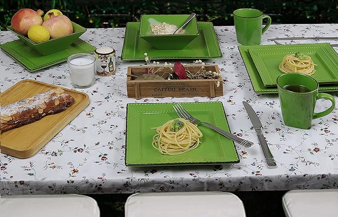 Stylish and Elegant 16 Piece Square Beaded Stoneware Dinnerware set Service for Hosting Parties and Events - Green 16 Piece Square Beaded