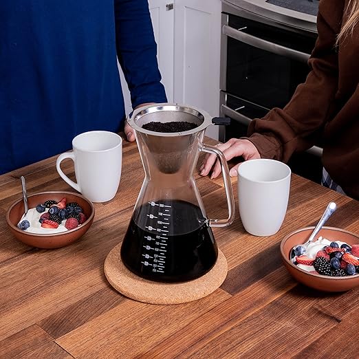 London Sip Glass Pour Over Coffee Carafe Coffee Maker with Reusable Stainless Steel Filter Ergonomic Handle and Easy-Pour Spout 8-Cup (1200 mL)