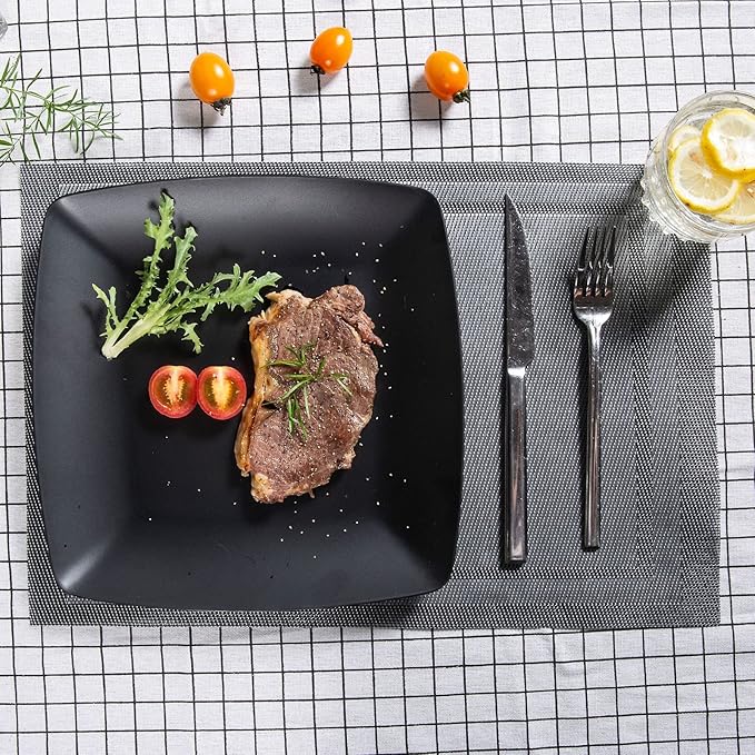 Melamine 12pcs Classic Square Dinnerware Set Concise Plates and Bowls Set Service for 4 Dishwasher Safe Black